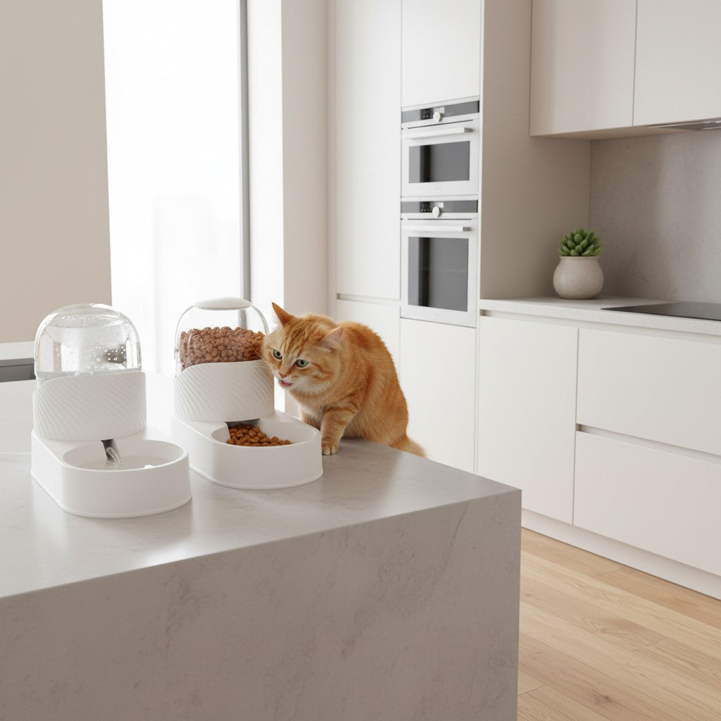 chat curieux dans distributeur de croquette et eau pour chat