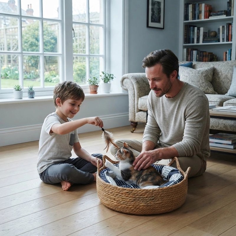 enfant et homme caresse chat couche dans Panier Chat osier