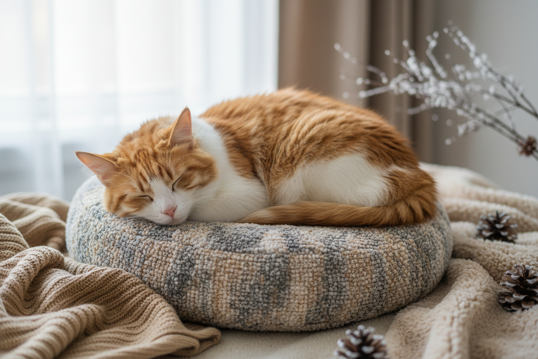 chat couché sur un coussin chaud et moelleux