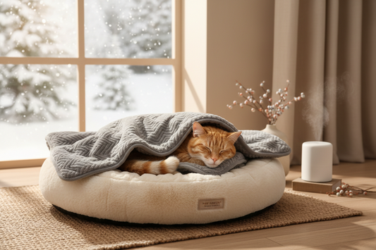 Chat confortablement installé dans son couchage d'hiver douillet