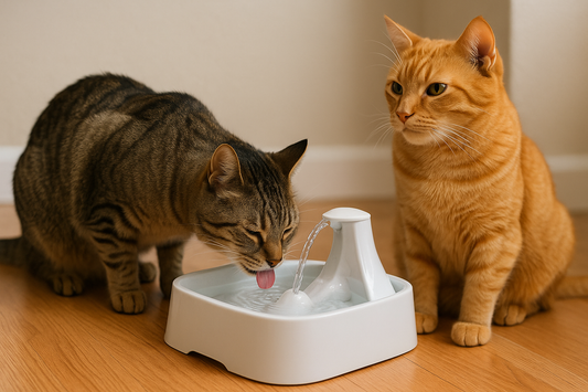 un chat content de boire dans sa fontaine a eau et l'autre chat qui le regarde 