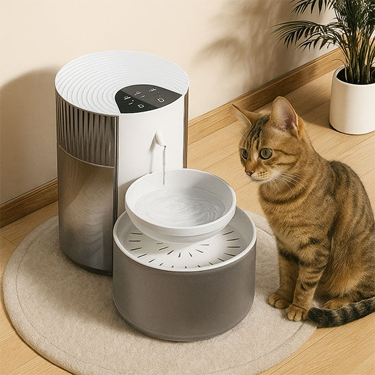 chat boit dans fontaine eau pour chat blanc noir automatique