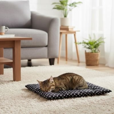 Chat noir dors sur Tapis pour chat 