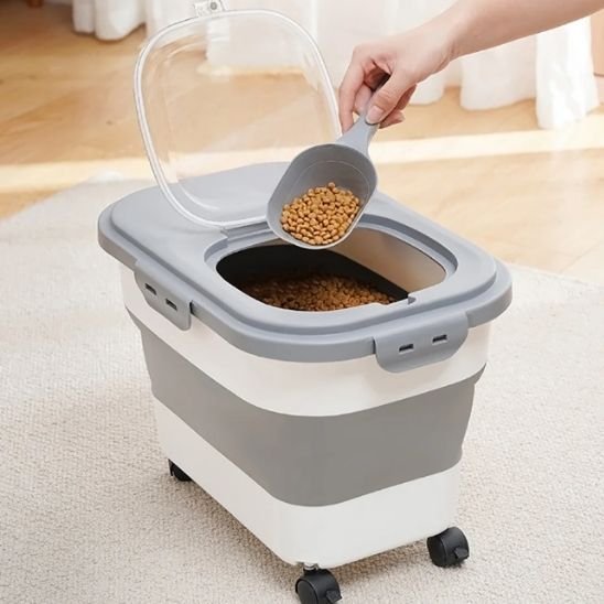 boite à croquettes pour chat gris blanc