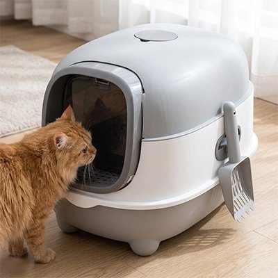 chat allant dans son Bac à litière Chat moderne gris