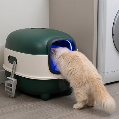 chat allant dans son Bac à litière Chat moderne vert