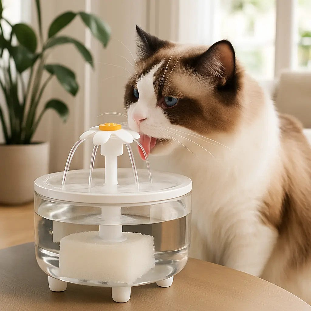 chat boit eau fontaine transparente