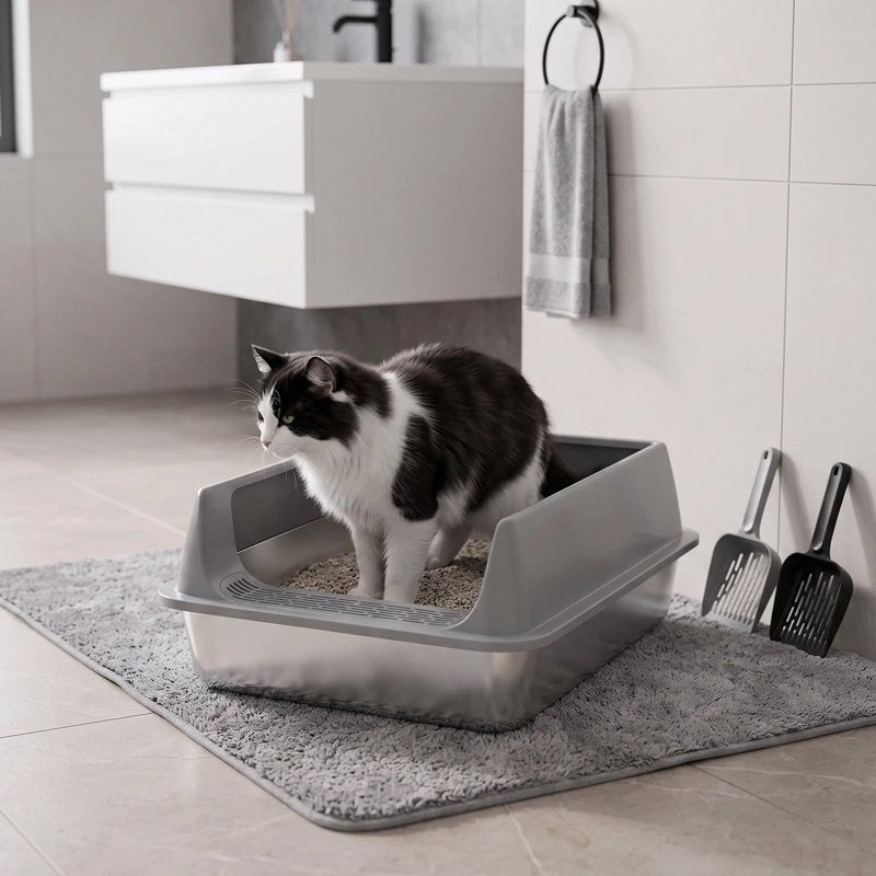 chat dans son Bac litière Chat en acier gris