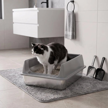 chat dans son Bac litière Chat en acier gris