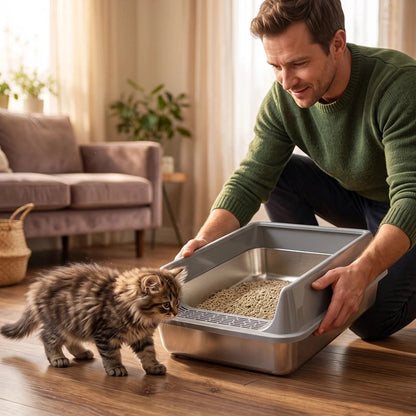 chat devant son Bac litière Chat