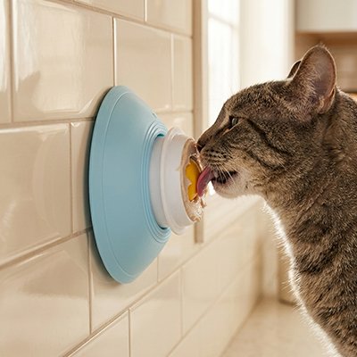 chat leche sur Gamelles anti glouton Chat bleu place sur le mur