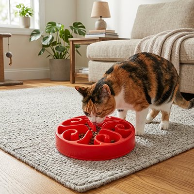 chat mange dans Gamelle anti glouton pour Chat rouge