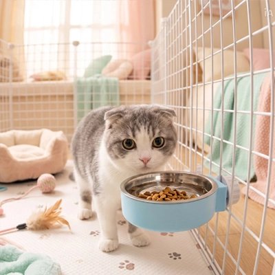 chat mange dans Gamelle Chat ajustable bleu ciel