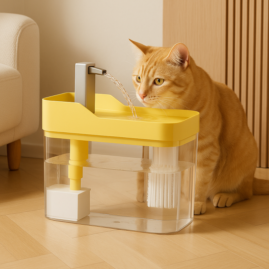 chat marron curieux devant fontaine a eau chat jaune
