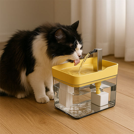 chat noir blanc buvant eau fontaine a eau chat jaune
