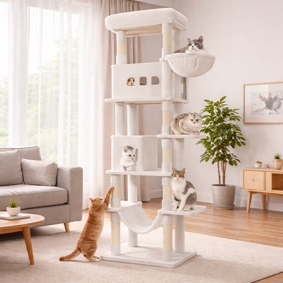 chat qui grimpe dans Arbre à Chat xxl couleur blanche