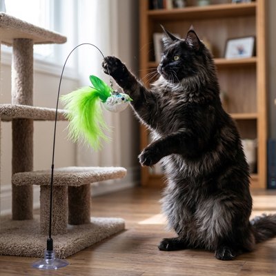 chat qui joue avec son jouet chat​ en forme  de lance d'oiseau
