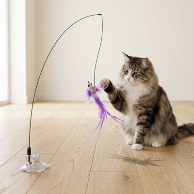 chat qui joue avec son jouet chat​ en forme  de lance d'oiseau