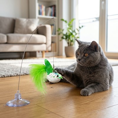 chat qui joue avec son jouet chat​ en forme  de lance d'oiseau