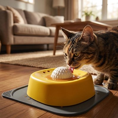 chat qui leche dans une Gamelles anti glouton Chat jaune