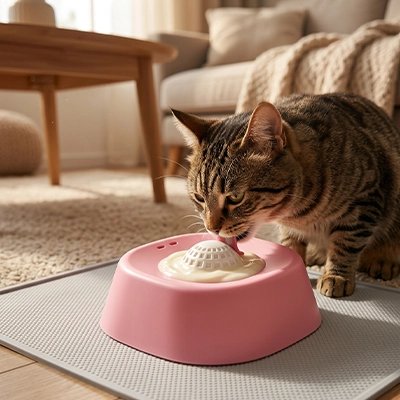 chat qui leche dans une Gamelles anti glouton Chat rose