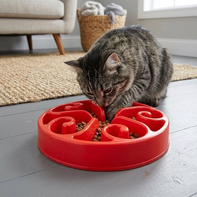 chat qui mange dans Gamelle anti glouton pour Chat rouge