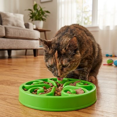 chat qui mange dans Gamelle anti glouton pour Chat vert