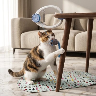 chat qui s'amuse avec Jouet Chat interactif pose sur la table