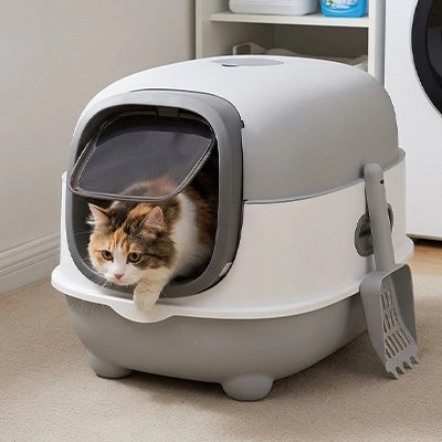 chat sortant de son Bac à litière Chat moderne vert