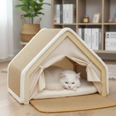 chat blanc dans Maison pour chat 