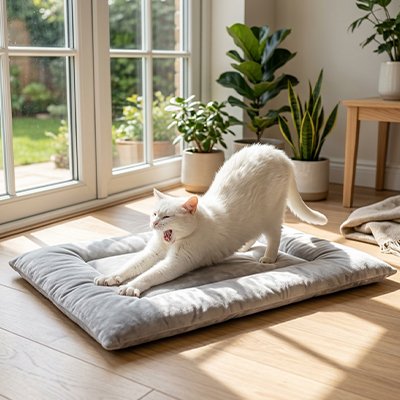 chat blanc s'étire sur Tapis Chat 