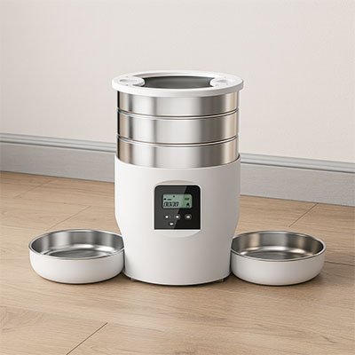 chat mange dans Distributeur croquette chat double bols blanc