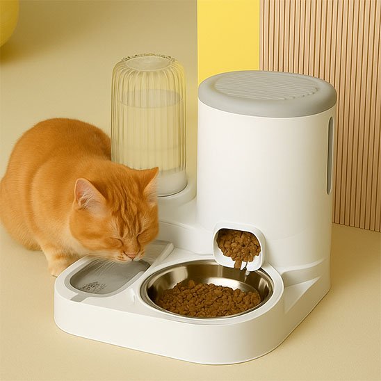 chat mange dans distributeur de croquettes pour chat blanc