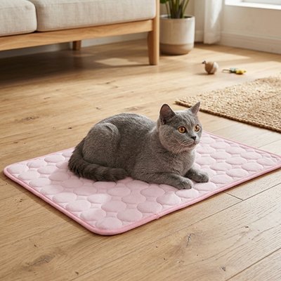 chat noir sur tapis-rafraichissant-chat rose