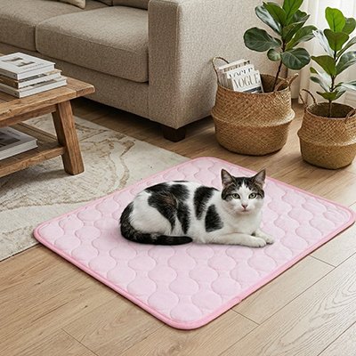 chat sur tapis-rafraichissant-chat rose