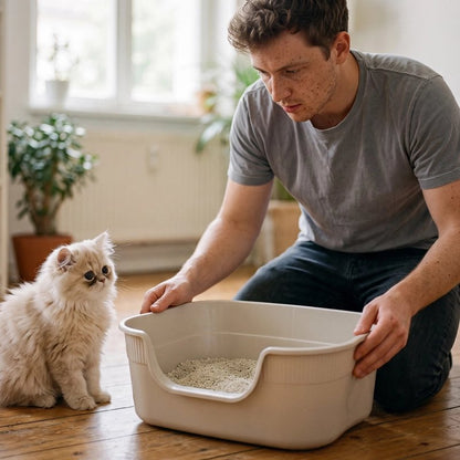 chaton devant son bac à litière avec son pere