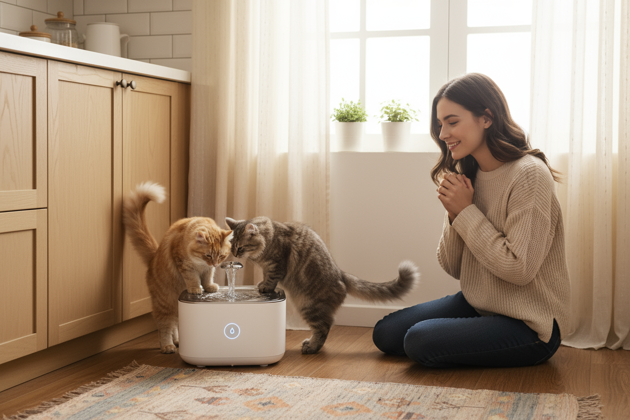 Deux chats buvant dans une fontaine à eau dans une cuisine confortable