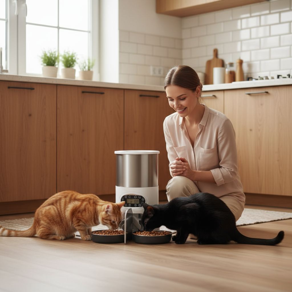 Deux chats mangeant dans un distributeur automatique de croquettes dans une cuisine confortable