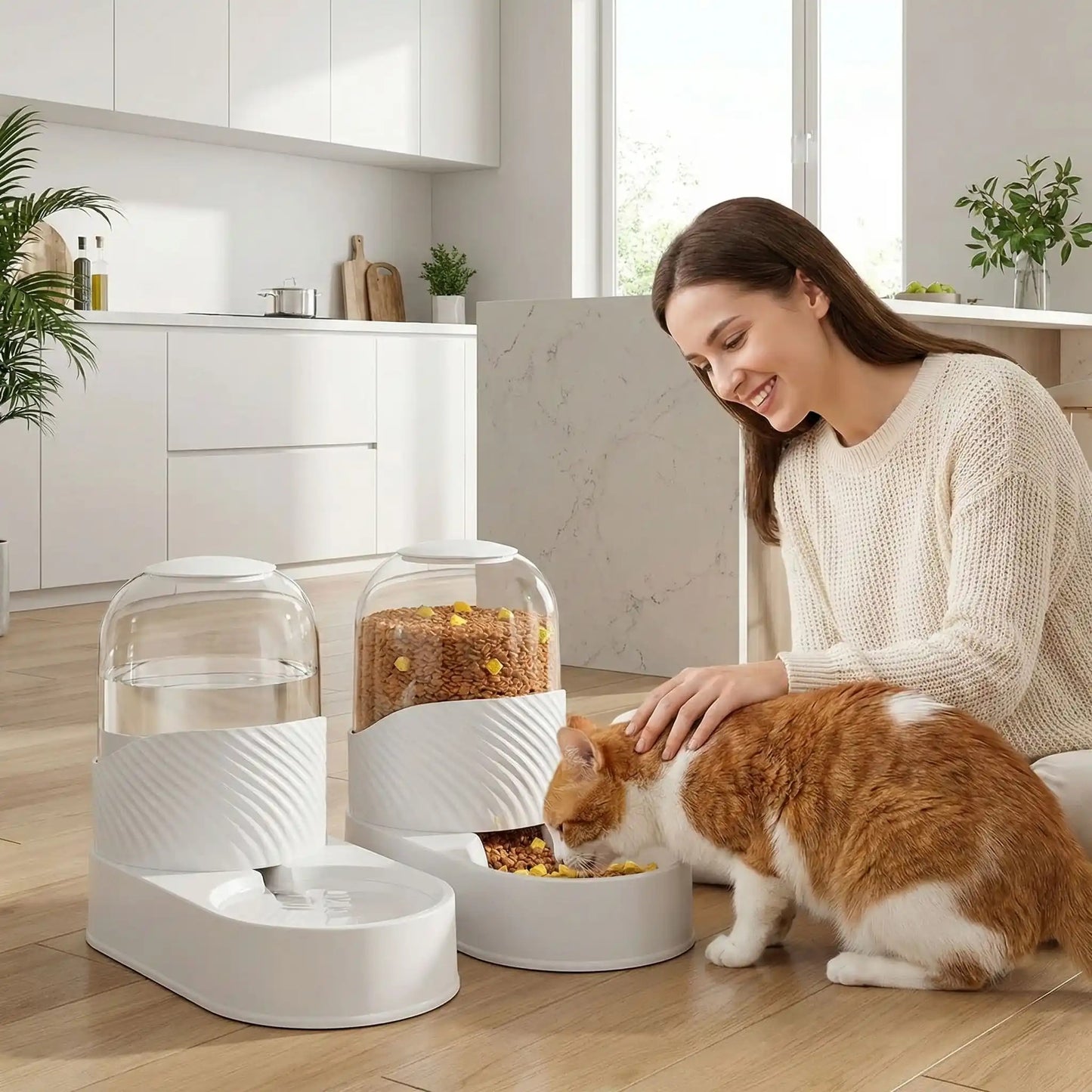 chat mangeant dans distributeur de croquette et eau pour chat