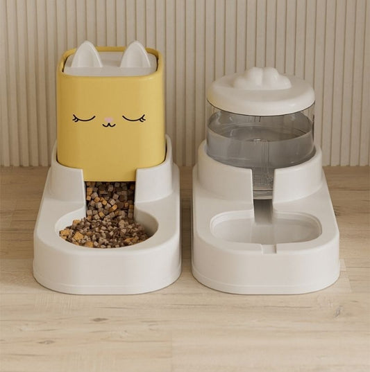 distributeur_eau_et_croquettes_pour_chat jaune blanc