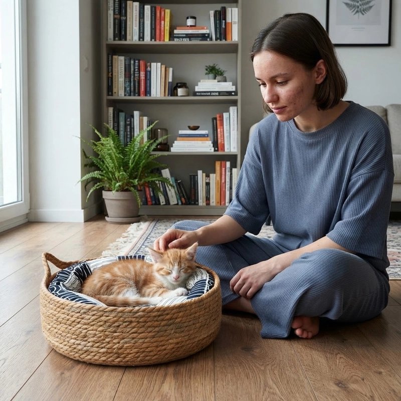 femme caresse chat couche dans Panier Chat osier