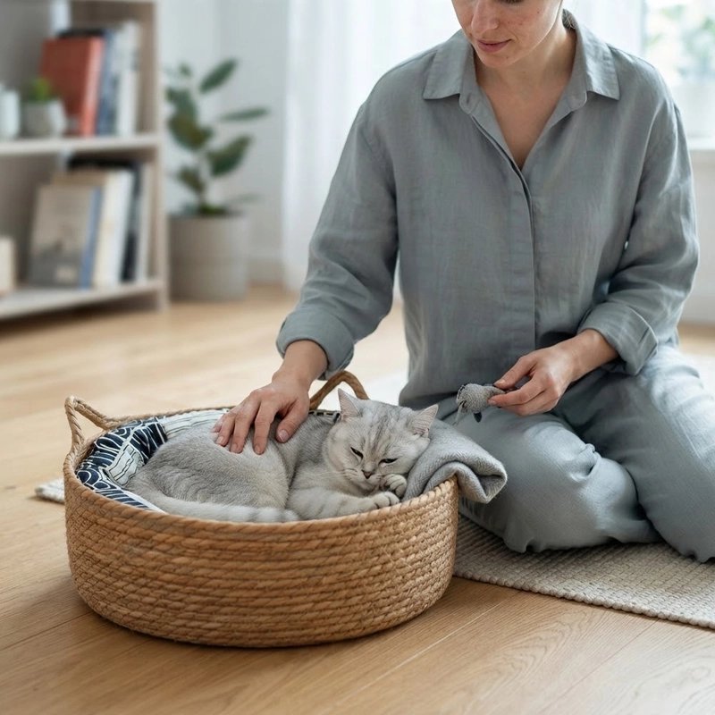 femme caresse chat couche dans Panier Chat osier