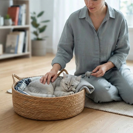 femme caresse chat couche dans Panier Chat osier