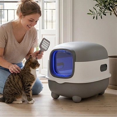 femme et chat devant Bac à litière Chat moderne couvert gris