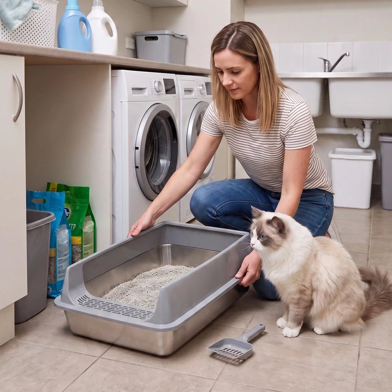 femme et chat devant Bac litière Chat en acier gris