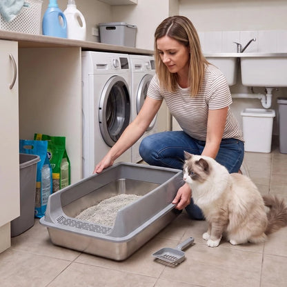 femme et chat devant Bac litière Chat en acier gris