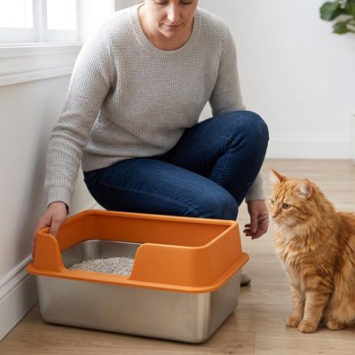 femme et chat devant son Bac litiere