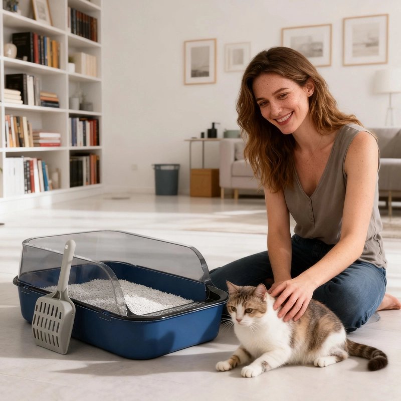 femme et chat devant son Bac pour litière Chat