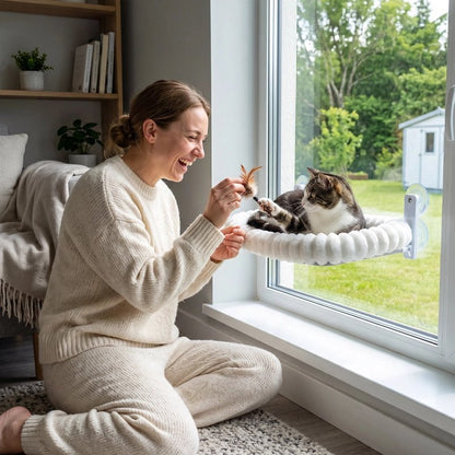 femme et chat  jouant sur  son Hamac fenetre pour Chat pose sur la fenetre