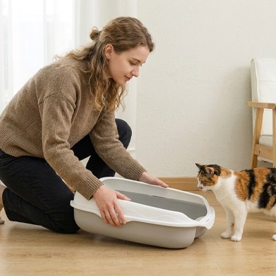 femme et chat sortie de son Bac à litière pour chat
